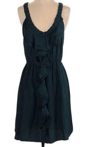 Rebecca Taylor  Textured Green Silk Ruffle Braided Trim Mini Dress
