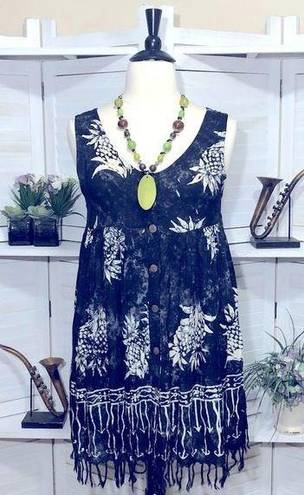 The Moon Pineapple hippie boho white navy blue floral fringes lightweight dress L