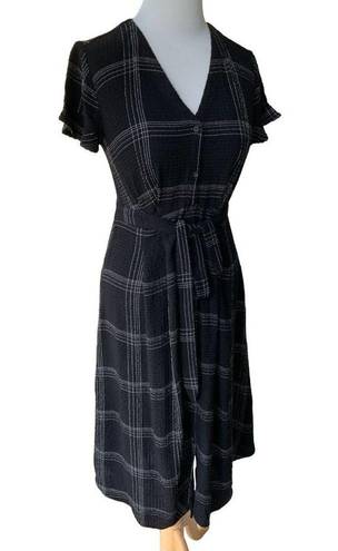 Loft ANN TAYLOR  LADIES STRETCHY VNECK SS BELTED MIDI BLACK PLAID DRESS NWT 00