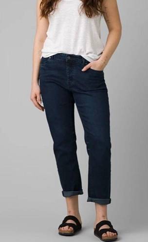 prAna New  Buxton Mid Rise Slim Boyfriend Jeans Stretch Denim Deep Blue Size 14