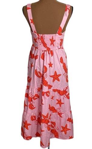 J.Crew  factory Squareneck tiered starfish and lobster print midi dress pink sz 4