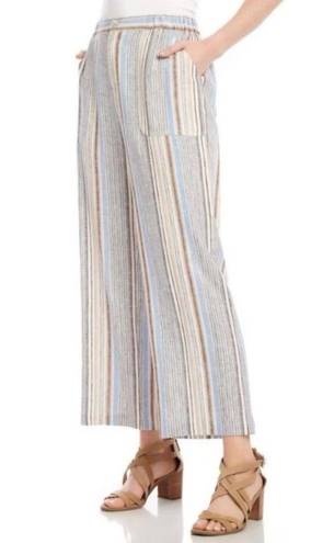 Karen Kane  Striped Wide Leg Cropped Pants Linen Rayon Size Medium Elastic Waist