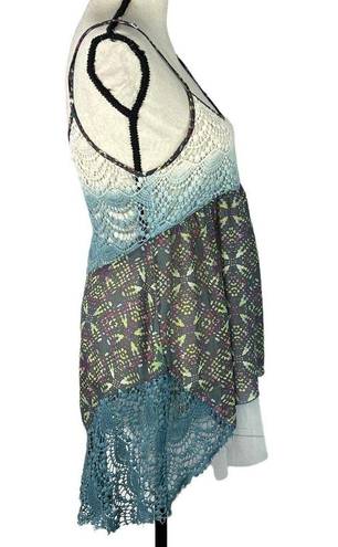 Gimmicks by BKE  Small Boho Tank Top Abstract Crochet Accents Semi-Sheer Multi