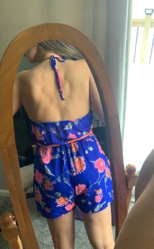 Lac Bleu Blue And Pink Floral Halter Romper