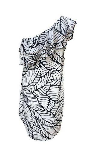 Apt. 9 Asymmetrical White/Black Leaf Print Ruffle One Shoulder Shift Dress