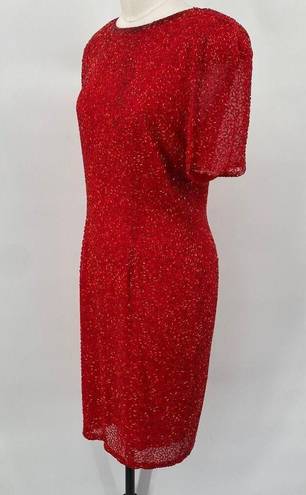 Oleg Cassini Vintage  Beaded Silk Mini Dress Short Sleeves Cocktail Red Womens 6