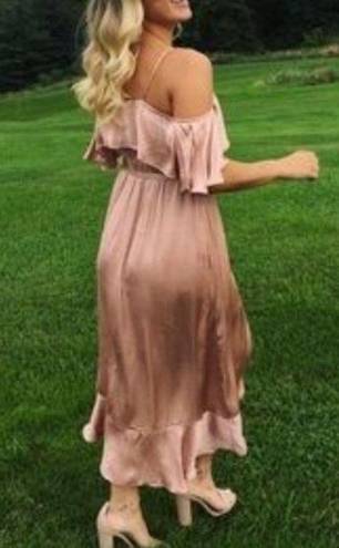 Bardot  Dress Womens 6 Bea Cold-Shoulder Ruffle Wrap Biscotti Dusty Pink Satin