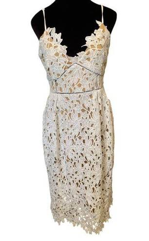 Sans Souci  White Tan Boho Romantic Cottagecore Floral Lace Formal Midi Dress