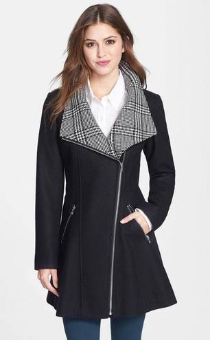 GUESS Glen Plaid Detail Skirt Wool Blend Coat