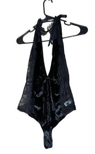 Chelsea28  Black Velour Lace Bodysuit Size Small