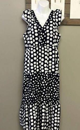 Loft  Navy White Polka Dot V-Neck Ruffled Flowy MIDI Dress- Medium