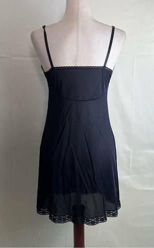 Vintage 80s 90s Black Satin Nightgown Slip Dress Lace Trim Mini Pinup Girl Small