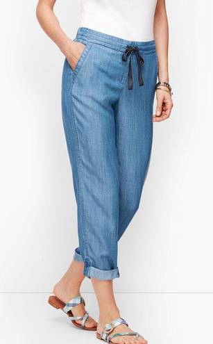 Talbots  Summer Twill Slim Leg Crop Pants Chambray Blue Tencel Drawstring Size 8