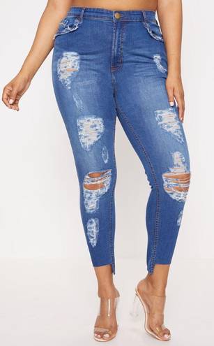 Pretty Little Thing Plus Dark Blue Ripped Detail Step Hem Skinny Jeans Size 22 New