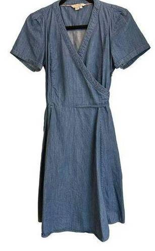 Boden USA Boden Dress Size 8 Faux Wrap Blue Denim Chambray V Neck Short Sleeve Womens Lara