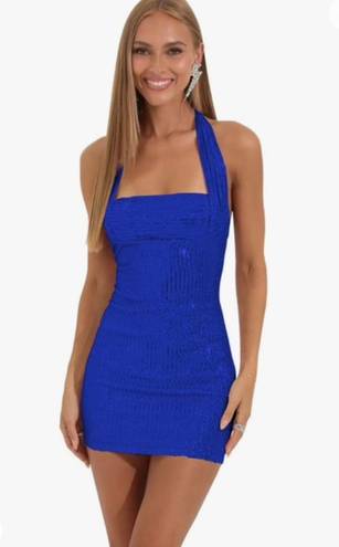 Stylefun Royal Blue Halter Striped Sequin Short Homecoming Dress