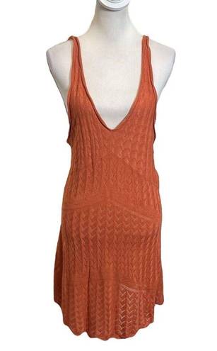 Free People  Slipping Away Mini Dress Ginger Spice V Neck Knit Womens Size L New