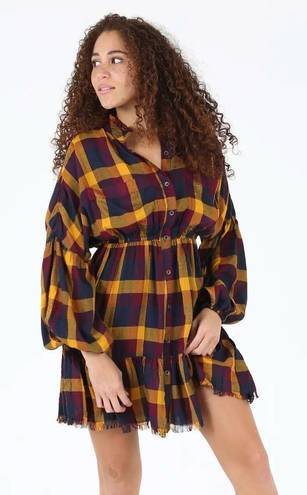 Angie NEW! Boho Preppy Plaid Mini Dress Fringe Bottom Long Sleeve