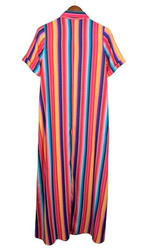 Nana Macs  Shirt Dress Maxi Colorful Bright Stripes Button Front Size S