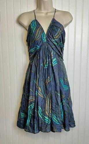 Haven Blue Botanical 100% Silk Halter Sundress Size M