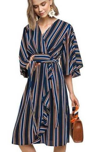 Umgee  Striped Faux Wrap Midi Dress L