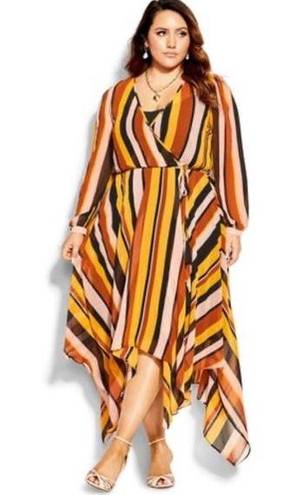 City Chic  Dress Gold Stripe Multicolored Maxi Sz 22W NWT V Neck Asymmetrical Hem