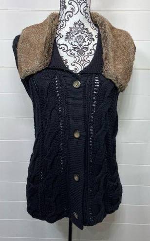 J.Jill  Sweater Vest Womens XL Faux Fur Collar Cable Knit Button Front Y2K Preppy