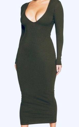 Naked Wardrobe NWT  Snatched V-Neck Long Sleeve Midi Dress in Olive Green