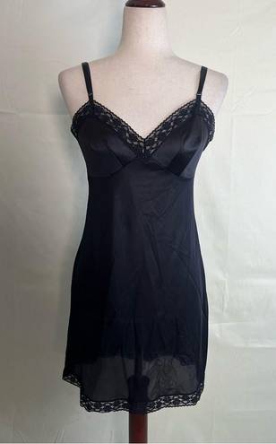 Vintage 80s 90s Black Satin Nightgown Slip Dress Lace Trim Mini Pinup Girl Small