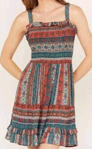 Angie  Womens Size Small Border Print Multi Tier Multi Color Lace Up Back Dress