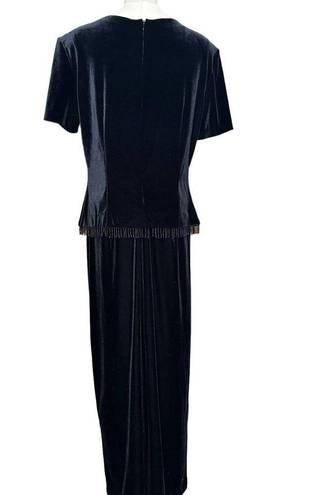 Dress Barn  Long Black Velvet Party Formal Cocktail Dress Beaded Fringe Stretch 14