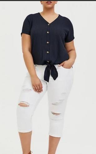 Torrid Navy Blue Waffle Knit Tie Front Short Sleeve Blouse