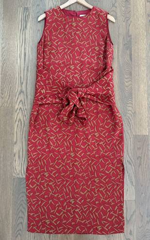 Doncaster Vintage 100% Silk Sleeveless Tie Waist Dress in Red and Khaki Size 8