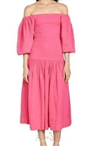 Harper RHODE  Smocked Off Shoulder Puff Sleeve Hot Pink Midi Dress Gauze Cotton