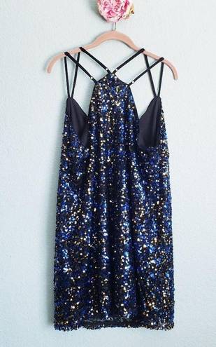 City Chic  Blue and Gold Sequin Strappy Mini Dress