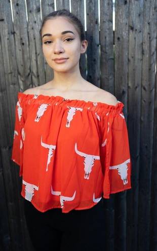 Peach Love California Cattle Skull Off The Shoulder Top in Red Orange, Small NWT