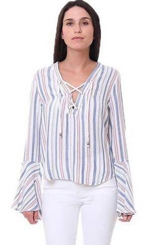 Vintage Havana Stripe Nautical Top with Rope Tie Front- Bell Sleeve- M