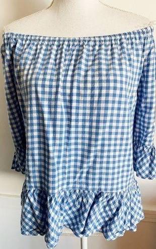 BeachLunchLounge  • Blue White Gingham Plaid Off Shoulder Blouse