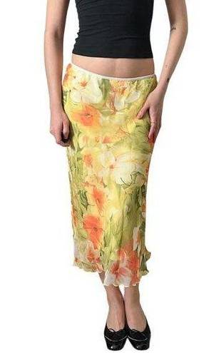 vintage 90s y2k yellow floral print layered mesh lettuce hem midi maxi skirt