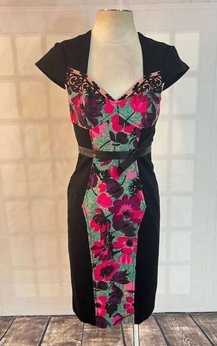 Tracy Reese  black sheath dress with silk pink floral center panel size 4