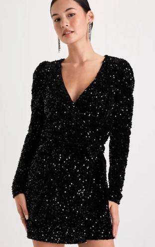 Lulus Glowing Muse Black Sequin Velvet Long Sleeve Wrap Mini Dress