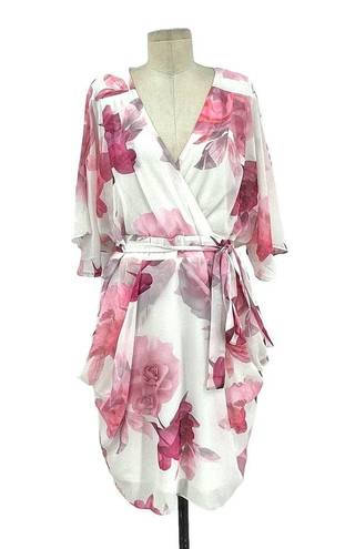 City Chic  Sakura Floral Short Sleeve Wrap Dress White Pink Plus Size 16