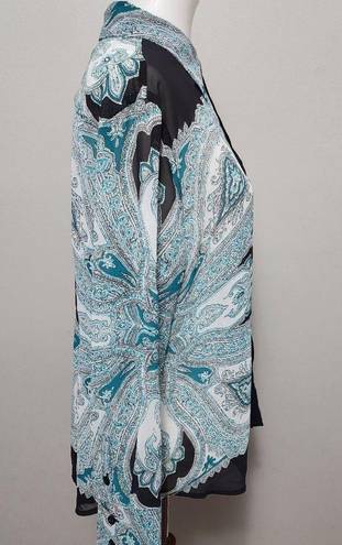 INC  International Concepts teal black damask sheer button down size 12