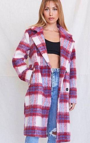Forever 21 Red White Blue Plaid Double-Breasted Coat Jacket