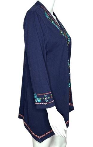 Coldwater Creek  Sweater Women Small Navy Blue Embroider Floral Cardigan Bohemian