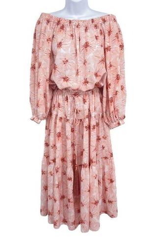 Alexis  Tilia Off the Shoulder Floral Print Tiered Midi Dress Tassel Tie Pink