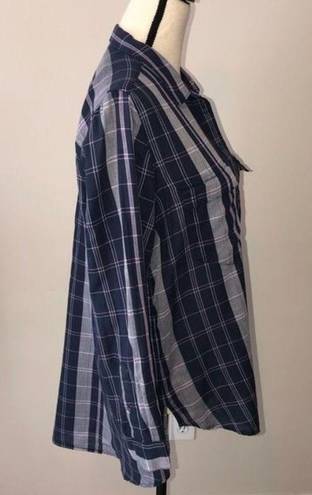 Lou & grey  Size M Button Down Tunic Length Top Purple Plaid Shirt Long Sleeve