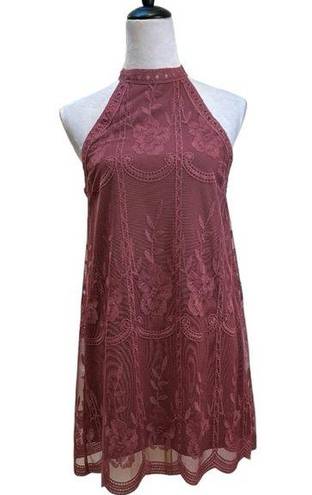 Cloud Ten  Mauve Lace  Overlay High Neck Swing Trapeze Halter Dress Size S