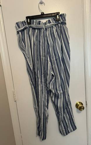 The Loft  Blue White Striped Paper Bag Tie Waist Pull On Pants Size Large Petite