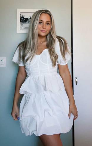 Pretty Little Thing White Crinkle Cup Detail Tiered Skirt Skater Dress